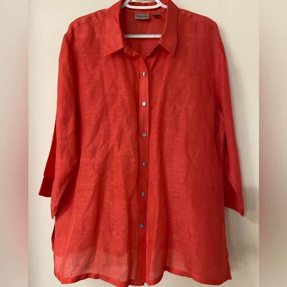 Chico's Orange Silk Linen blend semi-sheer shirt